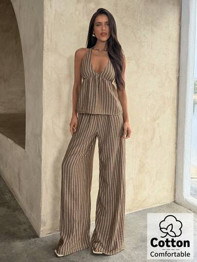 Aloruh Women's Striped Backless Halter Top And Wide Leg Pants 2 Pieces Set