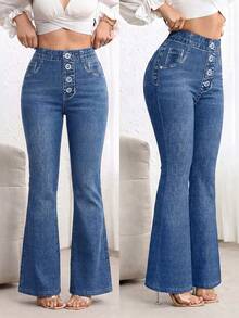 SHEIN LUNE Quần ống loe in họa tiết denim thời trang cỡ lớn cho nữ - Màu xanh lam - Xem 1