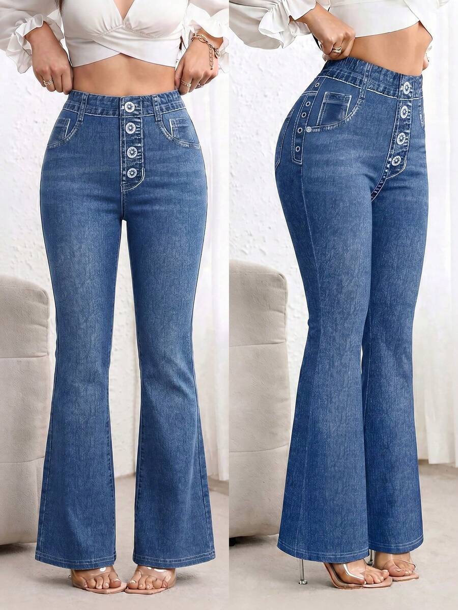 SHEIN LUNE Quần ống loe in họa tiết denim thời trang cỡ lớn cho nữ - Màu xanh lam - Xem 1