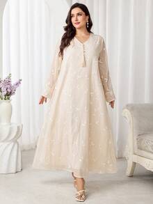 Al Najma Plus Size Women's Elegant Arabic Style Dress With Floral Embroidery And Tassel Design - Apricot - View 4