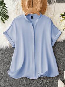 SHEIN Clasi 大码女式纯色V领短袖休闲衬衫 - 藍色 - 查看 1