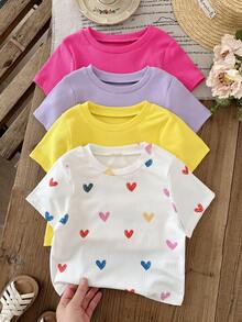SHEIN 4pcs Young Girl Dopamine Colorful Pullover Set, Soft & Comfortable Ribbed Fabric, Cute Heart Print, Suitable For Spring & Summer - Multicolor - View 9