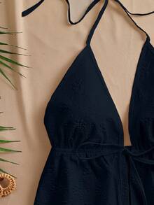 INAWLY 2pcs Solid Color Ruffle Hem Halter Top And Shorts Set - Navy Blue - View 4
