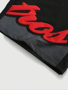 PAVTROS Pantalones cortos para hombre con estampado de letras americanas, color de contraste, bolsillo y cintura con cordón, estilo retro streetwear, vacaciones - Negro - Ver 4