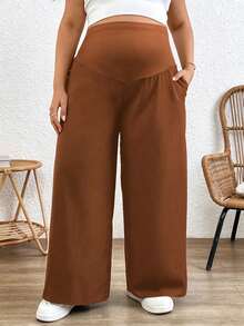 Plussiva Pantalones anchos versátiles y casuales de unicolor con cintura ajustable para maternidad de talla grande - Marrón - Ver 4
