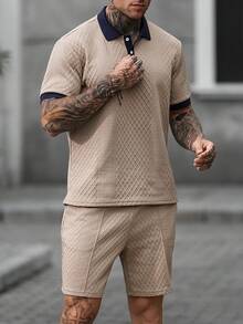 Manfinity CasualCool Bộ áo polo cổ bẻ họa tiết hoa jacquard dành cho nam, gồm áo và quần short, thích hợp mặc hàng ngày, đi nghỉ mát, làm quà tặng cho chồng. - Màu Khaki - Xem 5