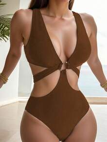 SHEIN Swim 女士纯色镂空连体泳衣，适合游泳、度假、夏季海滩 - 咖啡棕 - 查看 3
