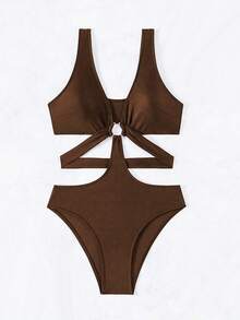 SHEIN Swim 女士纯色镂空连体泳衣，适合游泳、度假、夏季海滩 - 咖啡棕 - 查看 5