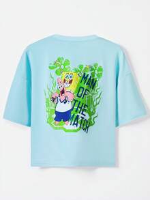SpongeBob SquarePants | SHEIN TOKVUE Áo thun nam tay ngắn cổ tròn màu xanh nhạt, kiểu dáng thường ngày, họa tiết in, thích hợp cho mùa hè. - Màu xanh nhạt - Xem 1