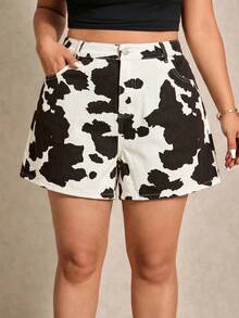 Elaquor Plus Size Contrast Color Printed Casual Denim Shorts - Multicolor - View 4