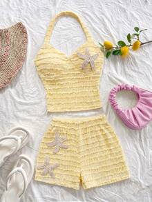 SHEIN Este Conjunto de Regata Amarela com Duas Peças para Meninas Adolescentes é um Estilo de Férias Elegante e Casual. Feito de Tecido de Malha Jacquard Elástico Único, é Confortável, Macio e Respirável. A Bordado de Estrela-do-mar Adiciona um Toque de Romance de Verão, Tornando-o Adequado para Uso Diário, Viagens, Passeios na Praia e Outras Ocasiões Semelhantes. Um Conjunto de Verão de Alta Qualidade. - Amarelo - Visão 7