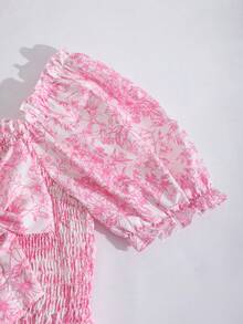 SHEIN 1件少女碎花荷叶边短袖粉色蓬蓬裙，适合日常生活、旅行、海滩、派对等场合。 - 粉色 - 查看 4