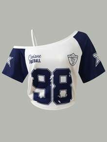 Conjunto de 2 piezas para adolescentes, nuevo estilo de verano americano retro, con top de manga asimétrica con hombros descubiertos con estampados de número 98, estrella y insignia, combinado con pantalones anchos de cintura con cordón en bloques de color, con un estilo deportivo americano casual, silueta holgada y favorecedora, adecuado para salidas diarias, moda callejera, reuniones con amigos, uso en el campus, deportes y ocio - azul real - Ver 4