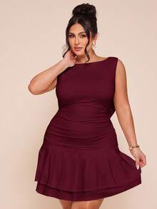 SHEIN BAE Vestido mini de mujer talla grande sin mangas, color blanco sólido, con detalle de lazo en la espalda fruncida - Rojo violeta - Ver 5