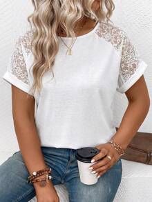 EMERY ROSE Women's Spring/Summer New Arrival Lace Patchwork Round Neck Short Sleeve Casual Versatile Plus Size T-Shirt - White - View 4