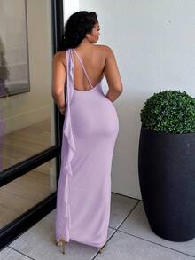 Alexandranx Asymmetric Ruched Backless Maxi Mesh Dress With Ruffle Hem, Elegant Women's Dress For Vacation & Beach, Spring/Summer - Mauve Purple - View 2