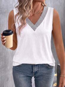 EMERY ROSE Plus Size V-Neck Striped Print Patchwork White Casual Tank Top - Multicolor - View 1