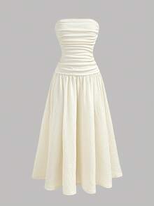 SHEIN Tween Girls Solid Ivory Textured Knit Ruffle Hem Strapless Dress,White,Summer,Elegant,Tea Party,Vacation,Holiday,Birthday,Graduation,Back To School - Apricot - View 2