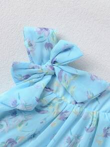 SHEIN 少女花卉图案蝴蝶结装饰无袖荷叶边连衣裙 - 藍色 - 查看 3