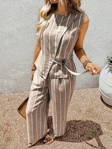 EMERY ROSE Conjunto casual de 2 piezas de top de tirantes envolvente con estampado de rayas y pantalones para mujer - Caqui - Ver 6