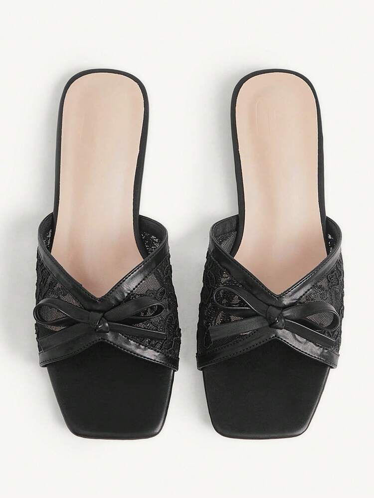 CUCCOO CHICEST Women Shoes Women's New Summer Square Head Flat Bottom Black Lace Bow Fashionable And Elegant Women's Flat Sandals Slippers Suitable For Daily Commuting Home Office Vacation And Other Places