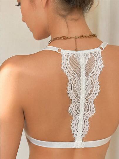DesireSculpt Romantic & Fashionable Full Lace Backless Front Closure Bra, Minimalist Comfortable Lightweight Wireless Triangle Cup Women's Lingerie, 1pc