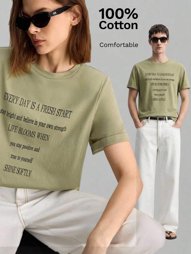 Women's Premium Muted Green Comfortable Fabric Basic Minimalist Style Small Collar Round Neck Slightly Dropped Shoulder Short Sleeve Cuffed Sleeve Design, Front Minimalist Positive Sunshine English Graphic, Premium Quality Unisex Urban Casual Basic Outfit, Understated Old Money Vibe, Sophisticated Commute High-Quality Extremely Minimalist Neutral Series Design T-Shirt