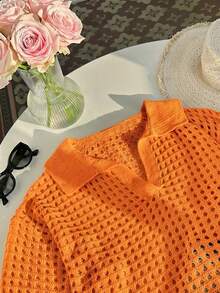 SHEIN EZwear Atasan Sweater Lengan Pendek Berkerah Warna Polos Kasual Ukuran Besar untuk Wanita, Warna Kuning, Atasan Musim Panas untuk Musim Gugur/Dingin - Jeruk - View 6
