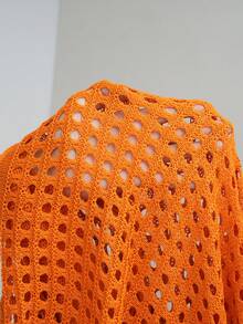 SHEIN EZwear Atasan Sweater Lengan Pendek Berkerah Warna Polos Kasual Ukuran Besar untuk Wanita, Warna Kuning, Atasan Musim Panas untuk Musim Gugur/Dingin - Jeruk - View 8