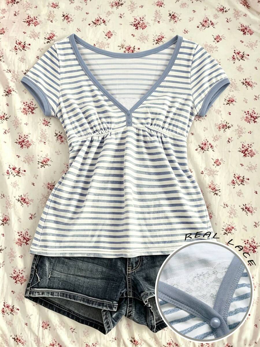 INAWLY Women's Casual Striped V-Neck Short Sleeve T-Shirt - Multicolor - View 1