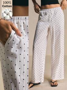 Poéselle Women's White And Black Polka Dot Drawstring Waist Loose Pants, Pocket Casual Country Pants,Boho Autumn Vacation Holiday Outfits, Vacation - Black and White - View 7