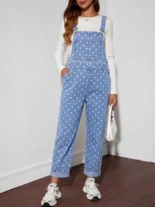 SHEIN Bộ áo liền quần denim nữ chấm bi có túi, kiểu dáng thường ngày, đa năng. - Màu xanh lam - Xem 4