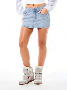 BABYPHAT Logo Denim Mini Skirt Low Rise Y2K Streetwear Retro Embroidered Jean Skirt With Flap Pockets - Light Wash - View 2