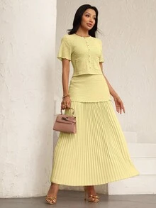 Modelyn Women's Elegant Pink Textured Short Sleeve Jacket & Pleated Skirt 2 Pieces Set - Light Yellow - View 6