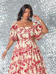 Viva Relle Vestido elegante de talla grande con estampado floral - Beis - Ver 3