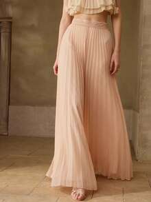 MOTF PREMIUM PANTALON PLISSÉ LONG STYLE A-LINE EN MOUSSELINE DE SOIE, PRINTEMPS/ÉTÉ - Rose pâle - Voir 6