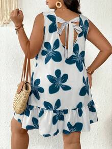 SHEIN Frenchy Vestido de vacaciones con estampado floral y volantes para mujer de talla grande - Agua verde azul - Ver 3