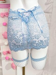 SHEIN 4pcs/Set Seductive Lace Underwire Lingerie Set Honeymoon Party Blue Summer - Blue - View 8