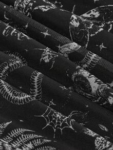ROMWE Spring/Summer Vacation Chiffon Skirt With Asymmetrical Hem, Botanical Moth Eye Spider Goth Print - Black - View 4