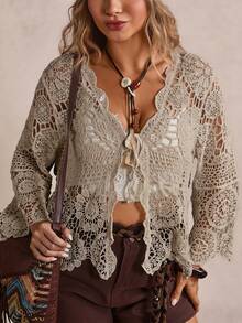 Freevana Plus Size Women Vacation Hollow Out Knitted Cardigan Fall - Khaki - View 1