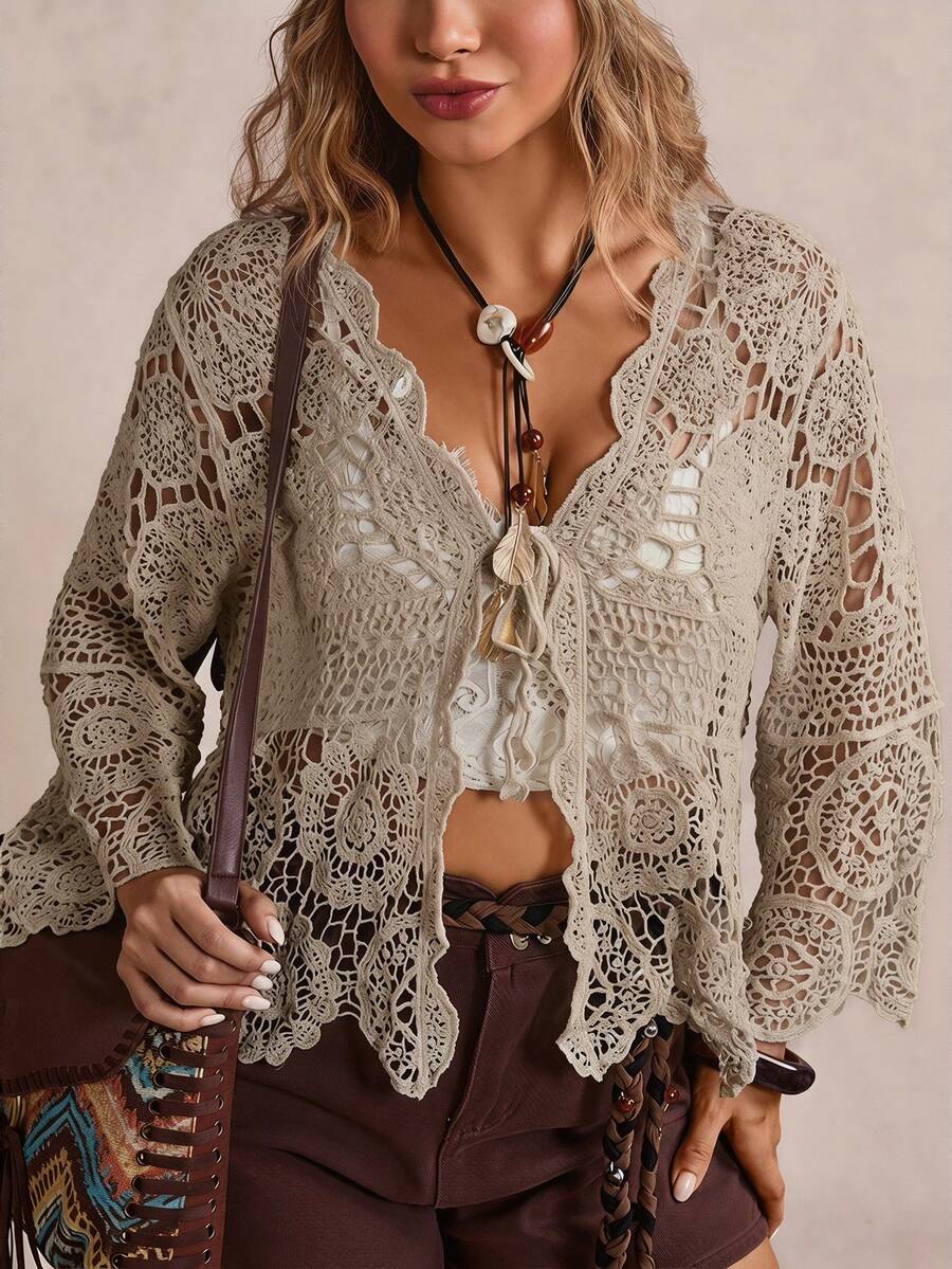 Freevana Plus Size Women Vacation Hollow Out Knitted Cardigan Fall - Khaki - View 1