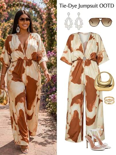 SOLERSUN Plus-Size Women's Tie-Dye Print Elastic Waist Batwing Sleeves With Metallic Circles, Flowy And Loose-Fitting Wide-Leg Jumpsuit. The Wide-Leg Design Creates Multiple Styles, Showcasing Its Fashionable Versatility. Suitable For Streetwear, Daily Commutes, Concerts, Halloween, Unique 2026 New Design Looks, Romantic Dates, And Everyday Wear. Perfect For Spring, Summer, And All Seasons, Including Beach Vacations.
