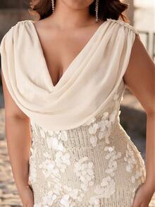 Glamrae Plus Size White Luxury Sequin Patchwork Draped Neck Chiffon Mermaid Hem Formal Gown Bridal Evening Formal Spring Elegant - Apricot - View 4