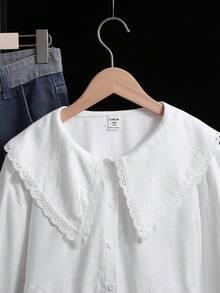 SHEIN 青少年女孩長袖襯衫，白色梭織拼接蕾絲彼得潘領，早秋白色襯衫，蝴蝶結彼得潘領，學院風 S - 白色 - 查看 6