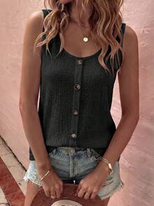 EMERY ROSE New Button Decor Textured Casual Versatile Round Neck Tank Top, Plus Size - Black - View 4