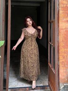 Vibekara Plus Size Women Green Floral Sleeveless Casual Vacation Dress - Multicolor - View 6
