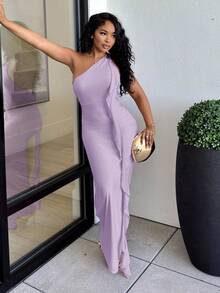 Alexandranx Asymmetric Ruched Backless Maxi Mesh Dress With Ruffle Hem, Elegant Women's Dress For Vacation & Beach, Spring/Summer - Mauve Purple - View 3