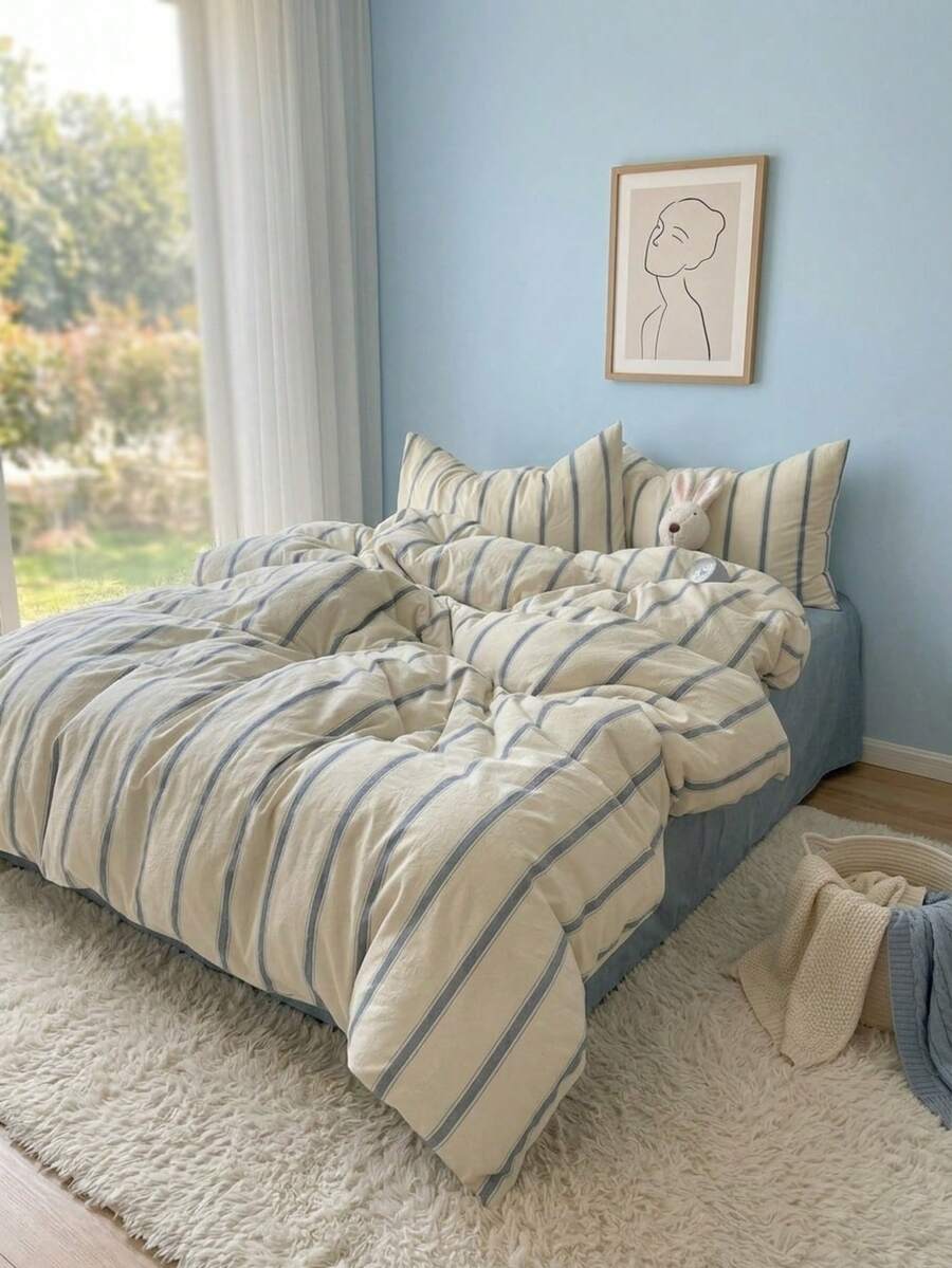 Joivida 3pcs 100% Polyester Vintage Boho Style Ins Minimalist Stripe Printed Duvet Cover Set, 2 Pillowcases + 1 Duvet Cover (No Fitted Sheet, No Inner Core), All-Season Available, Machine Washable - Endless Grey - View 1