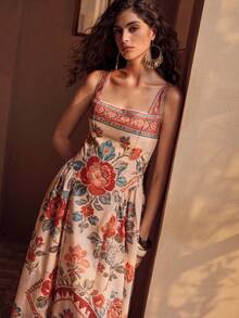MOTF PREMIUM ROBE LONGUE ÉLÉGANTE À COL CARRÉ POUR FEMMES, IMPRIMÉ FLORAL ROMANTIQUE POUR LE PRINTEMPS ET L'ÉTÉ, AMINCISSANTE À LA TAILLE, IDÉALE POUR LES VACANCES ET LES SORTIES - Multicolore - Voir 5