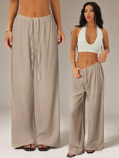 SHEIN PETITE Quần nữ ống rộng, màu trơn, thắt eo, dáng rộng, thoải mái, đa năng.